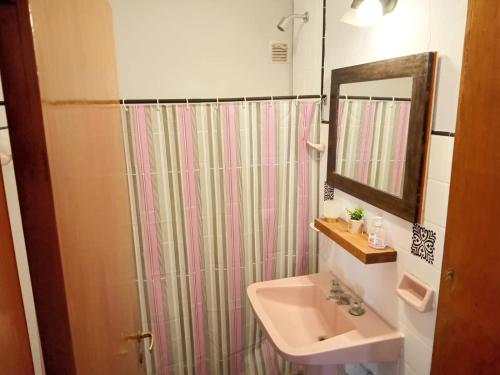 ein Bad mit einem Duschvorhang und einem Waschbecken in der Unterkunft Casa chalet a minutos de Claromecó, Balneario Reta, Balneario Orense in San Francisco de Bellocq