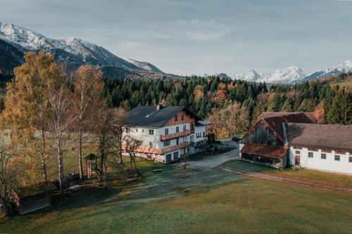 an aerial view of a house with mountains in the background at Bergblickapartments in Spital am Pyhrn