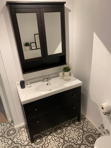 a bathroom with a sink and a mirror at Ferienwohnung am See im Fichtelgebirge in Nagel