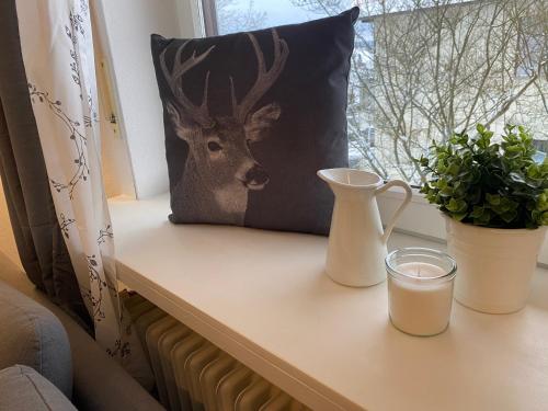 a deer pillow and a glass of milk on a window sill at Ferienwohnung am See im Fichtelgebirge in Nagel