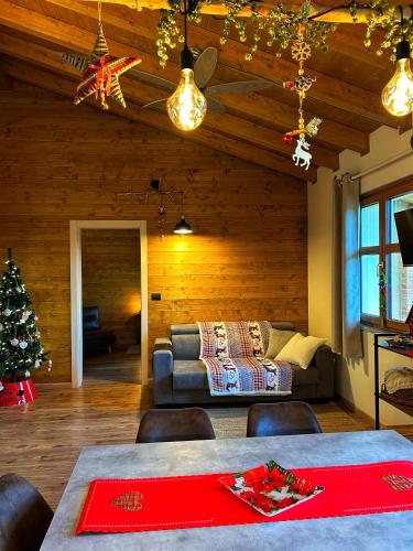 a living room with a christmas tree and a couch at Ranch Enbrucà in Boves