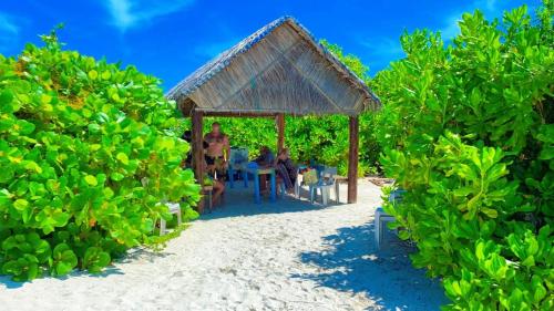 un grupo de personas sentadas bajo un cenador en la playa en Asia Inn Maldives, en Hangnaameedhoo