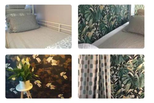 un collage de quatre photos avec un lit et une usine dans l'établissement Just For Sleep-daily stay 20h to 10h Apres votre arrivee dans le batiment d'entree, contact I'hote via le message ici de reservation pour l'enregistrement I'entree dans la propriete sans I'approbation est interdite-Resevation d'un tiers est inacceptable-, à Bobigny