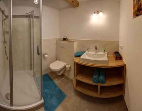 ein Bad mit einem Waschbecken, einer Dusche und einem WC in der Unterkunft Einsiedlhof in Inzell