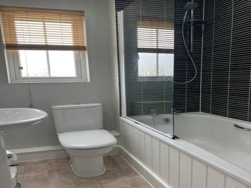 a bathroom with a toilet and a tub and a sink at Nollaig Beachside Bliss - Pass the Keys in Rye