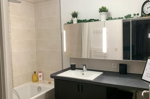 a bathroom with a sink and a bath tub at Cœur de ville Loverien in Louviers