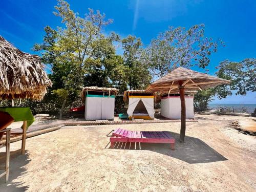 Tintipan IslandにあるArena Beachの藁傘とベンチ付きのビーチ