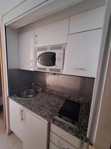 a small kitchen with a sink and a microwave at EL MESON in Mequinenza