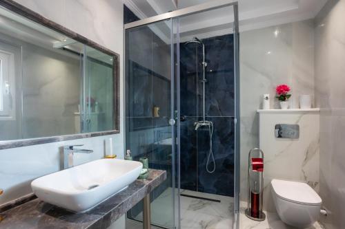 y baño con ducha, lavabo y aseo. en Nina's Modern Apartment en Bastoúnion