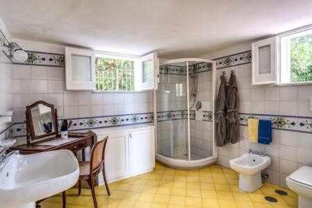 a bathroom with a sink and a shower and a tub at Campanella Villas Gardens Pool Superview in Termini