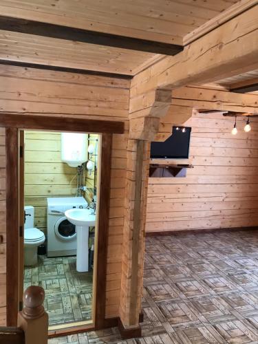 a bathroom with a toilet and a sink at Трембіта котедж in Yablunytsya