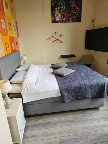 a bedroom with a bed and a flat screen tv at hotel le bonheur in Eijsden