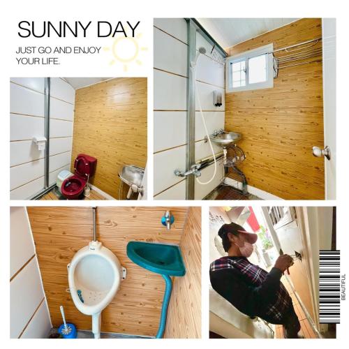 a collage of pictures of a bathroom with a toilet at On My Way Dulan in Donghe