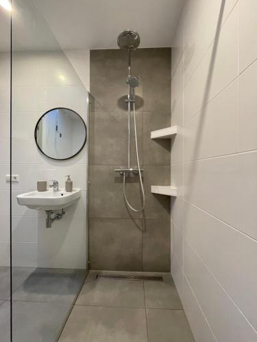 W łazience znajduje się prysznic, umywalka i lustro. w obiekcie Studio River, Luxe dichtbij strand en Duinen w mieście Egmond aan Zee