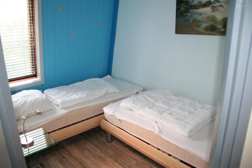 two twin beds in a room with a blue wall at Heggerank 32 in Nieuwvliet