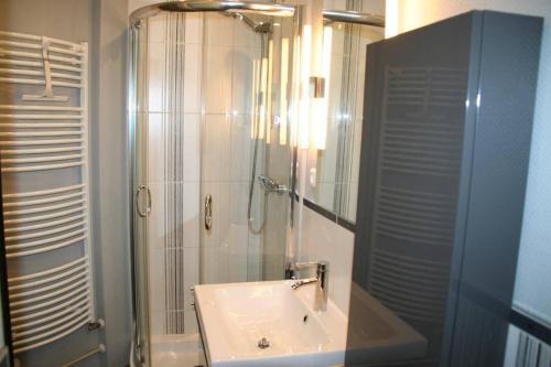 a bathroom with a sink and a shower and a sink at Heggerank 32 in Nieuwvliet