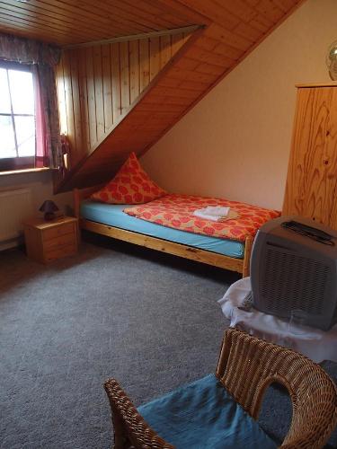 a bedroom with a bunk bed and a tv at Ferienwohnung Meisenthal nähe Nürburgring in Kelberg