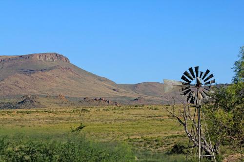 a windmill in a field with a mountain in the background at Sneeuberg Nature Reserve in Nieu-Bethesda