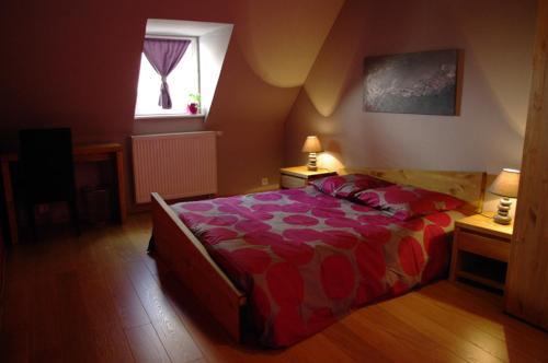 um quarto com uma cama com um edredão vermelho e uma janela em Gîte chez Val et Mat em Ribeauvillé