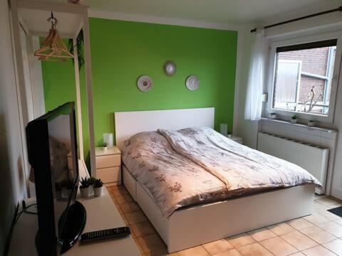 a bedroom with a bed and a green wall at Nordsee Ferienwohnung an der Küste mit Inselblick in Dornum