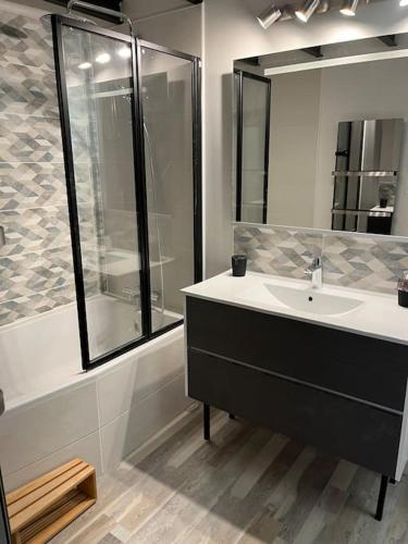 une salle de bain avec un lavabo et une douche dans l'établissement Loft relais Cœur de France, à Vierzon