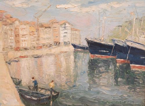 a painting of two people on a boat in the water at Laboa - baskeyrentals in Lekeitio