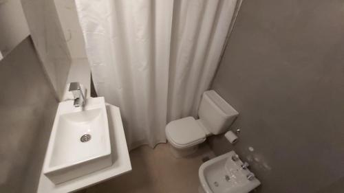 La salle de bains est pourvue de toilettes blanches et d'un lavabo. dans l'établissement Mar & Wine Pinot noir, à Mar del Plata