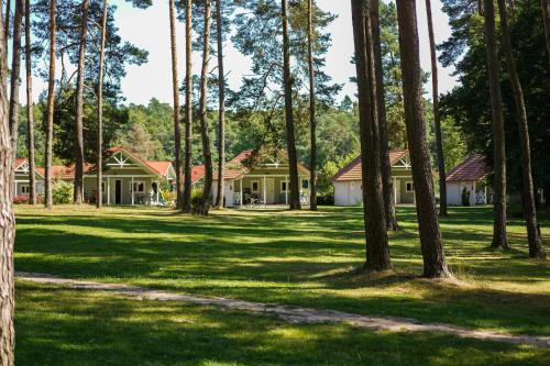 eine Reihe von Häusern in einem Park mit Bäumen in der Unterkunft Piękny Brzeg in Angerburg