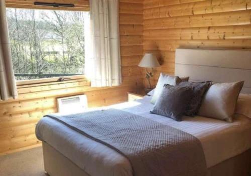 1 dormitorio con cama y ventana grande en Bishops Park Lodges At Fingle Glen Golf Club, en Exeter