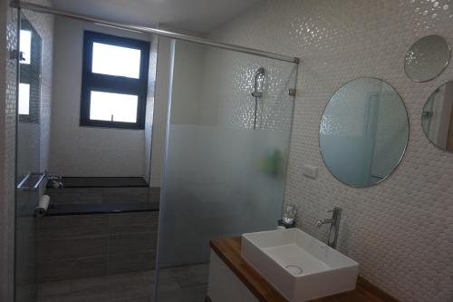 a bathroom with a sink and a shower and a mirror at Double Egg Yolk Living Space in Dongshan