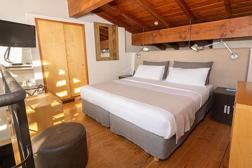 um quarto com uma cama grande e uma televisão em Rochester Bariloche Suites & Spa em San Carlos de Bariloche