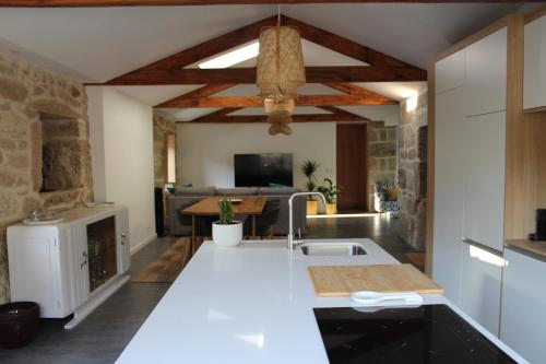 a kitchen with a sink and a living room at Casas Velhas in Santo Aleixo de Além Tamega