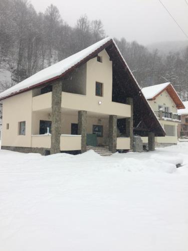 a house with a snow covered roof in the snow at Trei Tulnice in Rau Sadului
