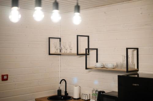 a kitchen with a sink and shelves with glasses at Voevodyno Resort in Tur'ya Pasika