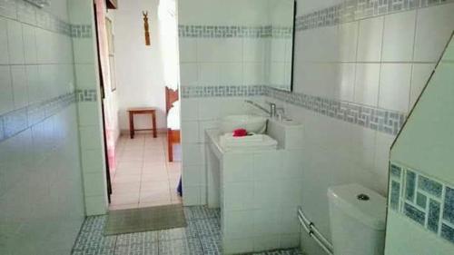 La salle de bains blanche est pourvue d'un lavabo et de toilettes. dans l'établissement Residence Monique, sur l'île aux Nattes