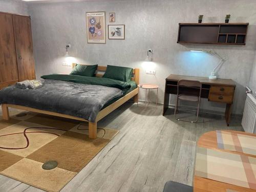 a bedroom with a bed and a desk and a television at Уютная студия в центре Кишинёва in Chişinău
