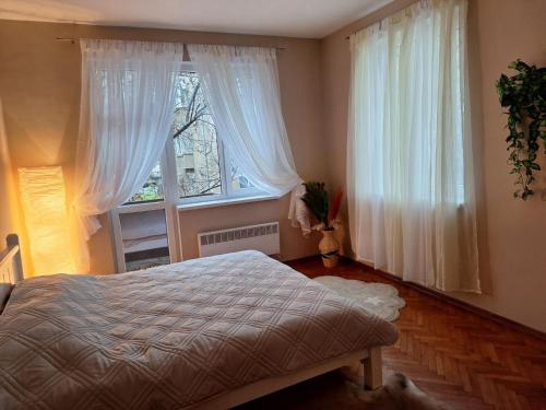 a bedroom with a bed and a large window at Cozy apartment in the heart of Sofia in Sofia