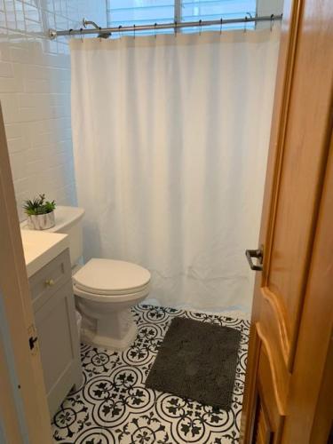 a bathroom with a toilet and a shower curtain at Attractive Penthouse in Isla Verde in San Juan