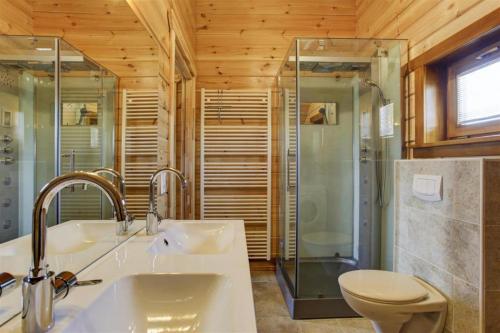 een badkamer met een toilet, een wastafel en een douche bij Ecolodge 1 in Medebach