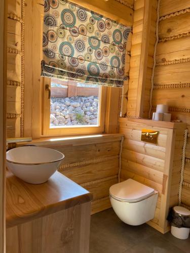 łazienka z toaletą i oknem w drewnianym domku w obiekcie Świerkowe Chatki w Koniakowie w mieście Koniaków