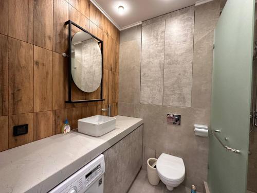 a bathroom with a sink and a toilet and a mirror at Apartments Almatau in Taldykolʼ