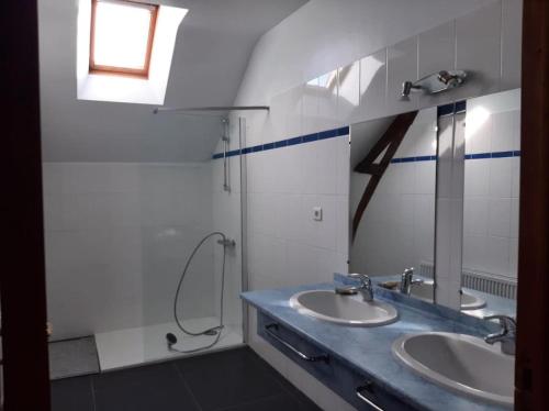 La salle de bains est pourvue de 2 lavabos et d'un miroir. dans l'établissement Longère familiale, à Melesse