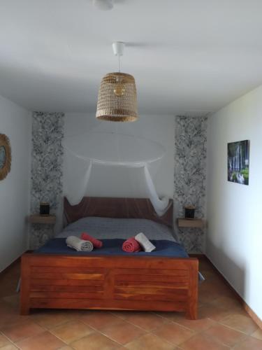 a bedroom with a bed and a chandelier at Les oliviers sous le cocotier in Saint-Joseph