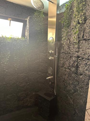 a bathroom with a stone wall with a toilet at Luxury Canarian villa with large pool and apartment in Costa Teguise in Teguise