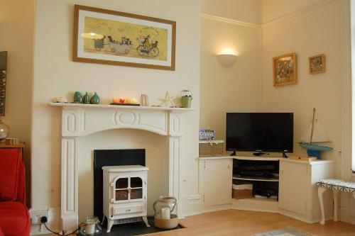 a living room with a fireplace and a television at Cadair View Family Holiday Home in Tywyn