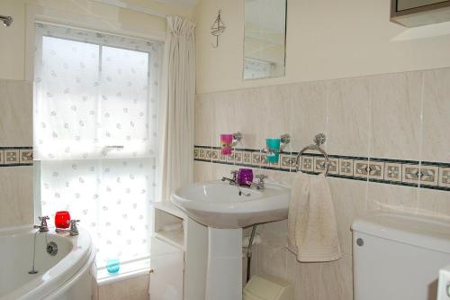 a bathroom with a sink and a toilet and a window at Cadair View Family Holiday Home in Tywyn