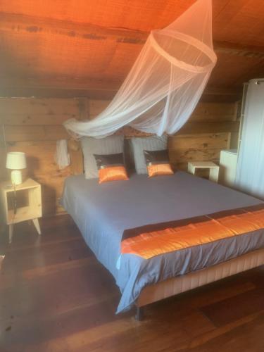 um quarto com uma cama e uma rede mosquiteira em Bali Serenity Home em Saint-Leu