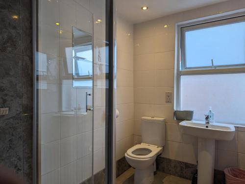 a bathroom with a toilet and a sink and a shower at Hostel Rooms In Camden in London