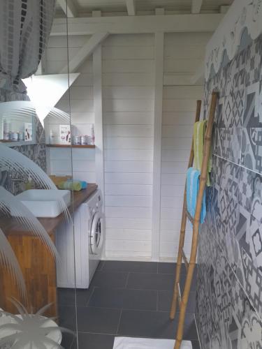 a bathroom with a sink and a washing machine at Ti kaz a Max in Saint-François
