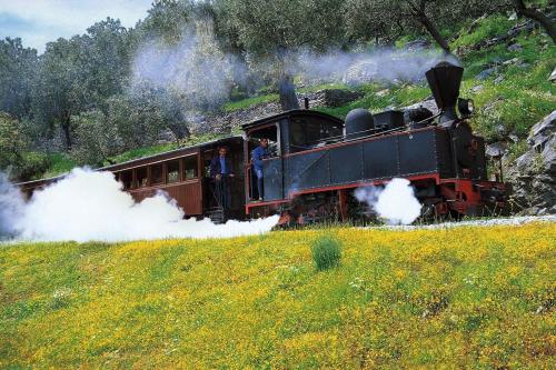 a steam engine train traveling down a hill at Archontiko Michael Pelion in Vyzitsa